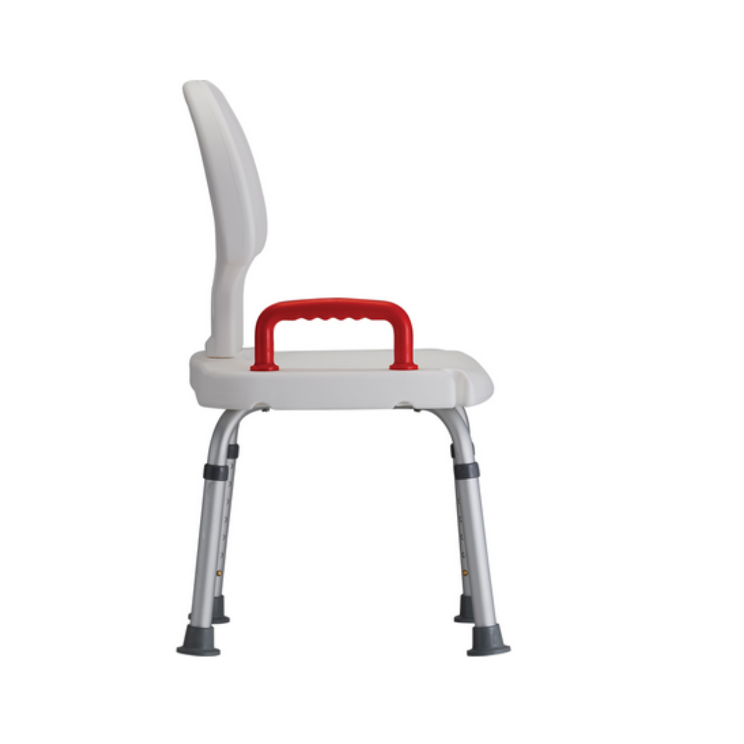 Side view of the Nova Medical Bath Seat With Back & Red Safety Handle, featuring a contoured backrest. It has adjustable silver metal legs with non-skid rubber tips for stability.