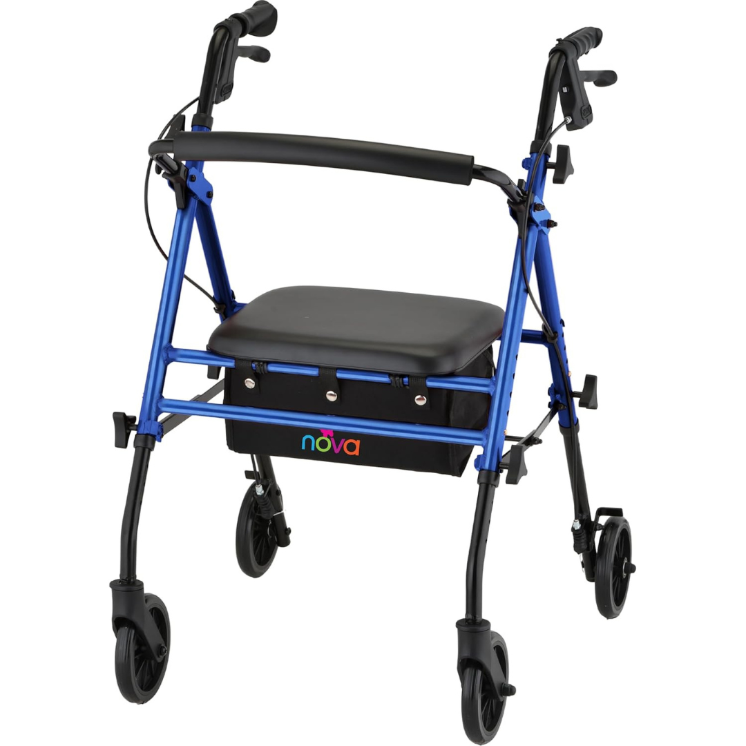 The Nova Buzz KD Lightweight Folding Rollator is a blue and black pediatric model with four wheels, hand brakes, adjustable height, a padded seat, and a storage pouch labeled "nova" beneath the seat for customizable mobility support.