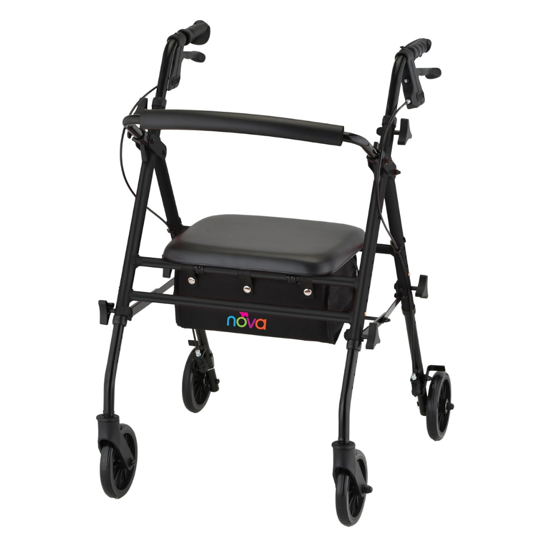 The Nova Buzz KD Lightweight Folding Rollator is a black, four-wheeled rollator with hand brakes, adjustable height, a padded seat, and a storage pouch labeled "nova" under the seat for support while walking.