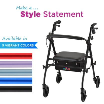 The Nova Buzz KD Lightweight Folding Rollator is shown in black with four wheels, a seat, and a storage pouch. "Make a Style Statement" appears above. Five color options—red, purple, silver, blue, and black—are displayed on the left.