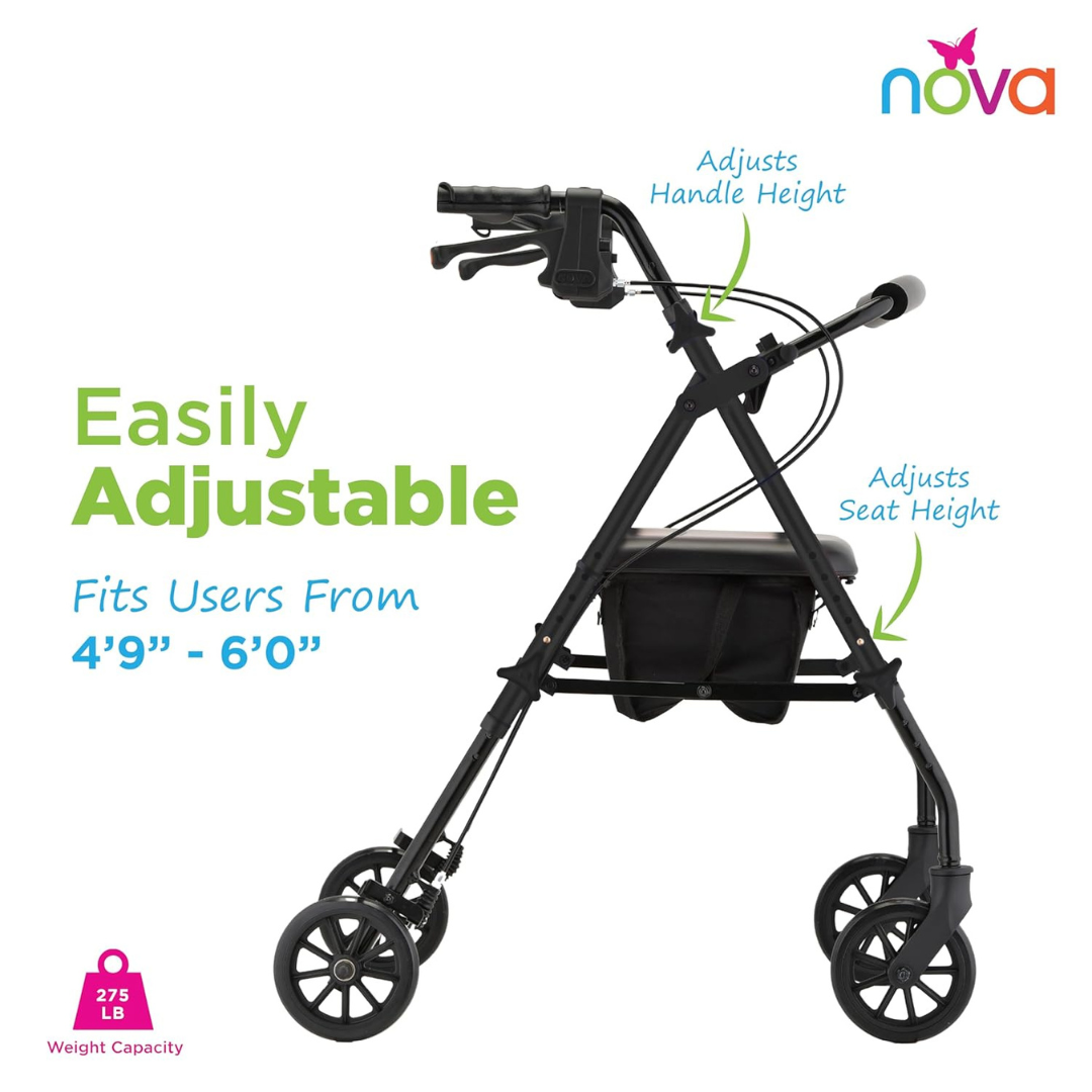 The Nova Buzz KD Lightweight Folding Rollator is shown in black with four wheels and a basket. Green text highlights its adjustable handle and seat for users 4'9"–6'0". A pink icon notes its 275 lb capacity. Nova logo appears at top right.