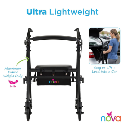 The Nova Buzz KD Lightweight Folding Rollator, shown in black with a seat and a 14 lb aluminum frame, is pictured. Inset image shows a woman easily loading the folded rollator into her car. Nova logo appears at bottom right.