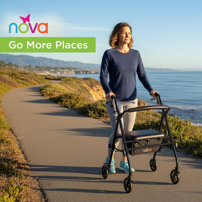A woman uses the Nova Buzz KD Lightweight Folding Rollator on a scenic coastal path under a clear sky, with ocean, greenery, and mountains in the background. Text reads: Go More Places.