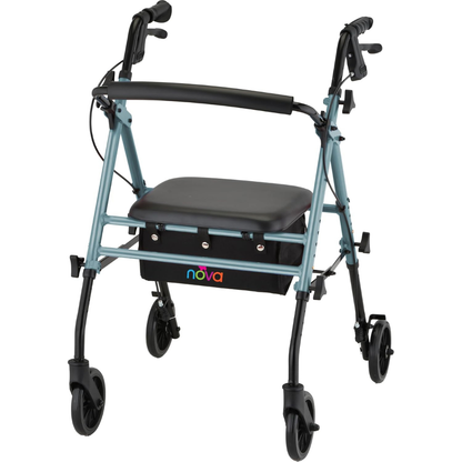 The Nova Buzz KD Lightweight Folding Rollator is light blue with a padded black seat, black storage pouch labeled "nova," and black hand brakes. This adjustable walker offers comfortable, reliable mobility support.