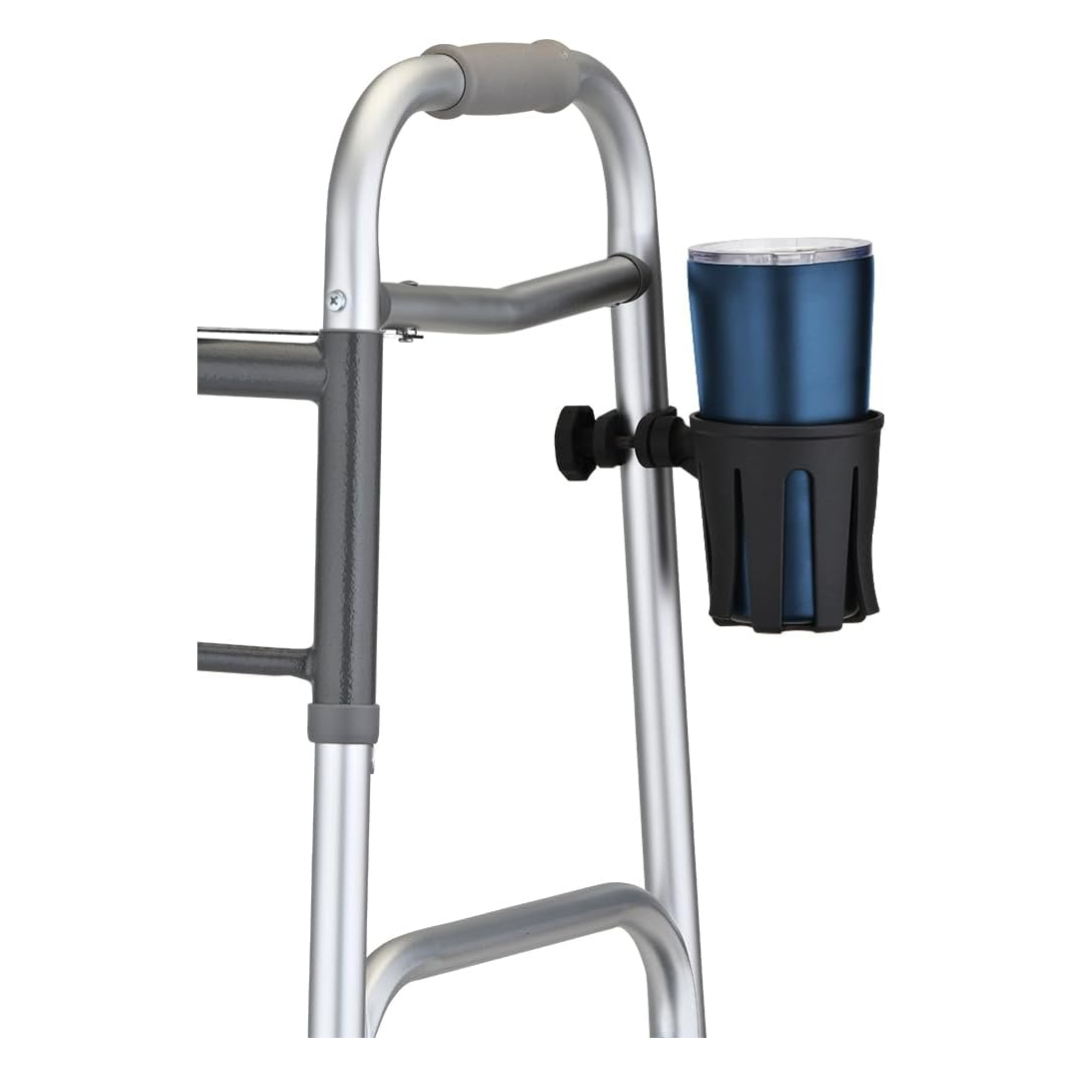 A close-up of a silver walker with a gray handle features the Nova Medical Cup Holder for Walkers with Round Narrow Tubing attached to the frame, holding a blue travel tumbler.