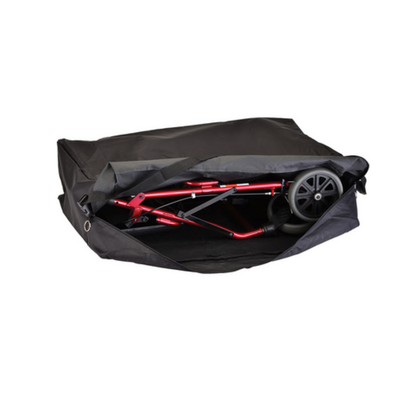 A folded red stroller is partially zipped inside a Nova Extra-Large Carry & Travel Bag for Rollator Walkers & Transport Chairs, with one wheel and part of the frame exposed.