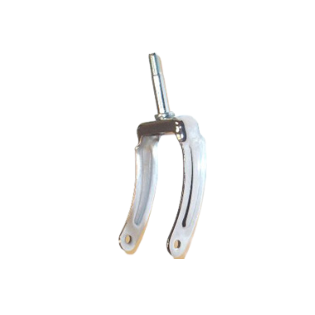 The Nova Parts for 4900 Traveller Rollator is a metal yoke with a threaded top bolt and two curved, holed arms, often used as a support bracket or component for rollator replacement parts and 3-wheel rollator accessories.