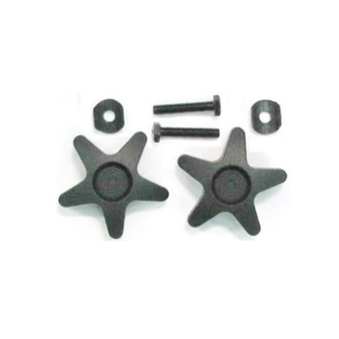 The image shows two black star-shaped knobs, two bolts, and two rectangular nuts—Nova Parts for 4900 Traveller Rollator—perfect as OEM accessories or replacement parts.