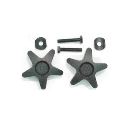 The image shows two black star-shaped knobs, two bolts, and two rectangular nuts—Nova Parts for 4900 Traveller Rollator—perfect as OEM accessories or replacement parts.