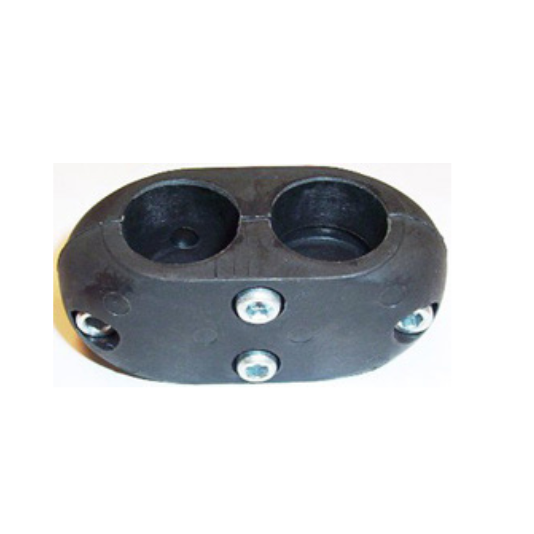 The Nova Parts for 4900 Traveller Rollator is a black, oval-shaped plastic connector block with two circular openings and metal screws securing the sides, ideal as a replacement part.