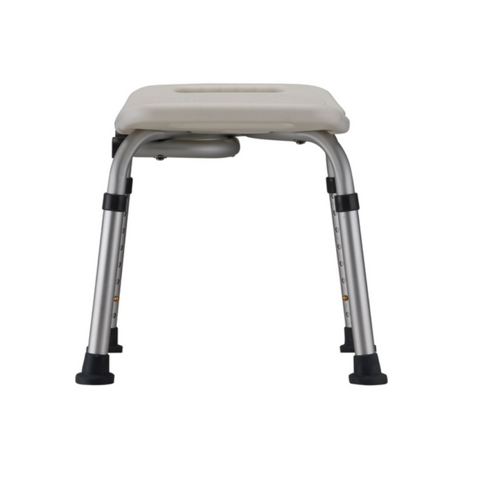 The Nova Medical Bath Seat features a hygienic U-shape seat made of white plastic with adjustable height and non-slip rubber feet on its four aluminum legs for stability and safety.