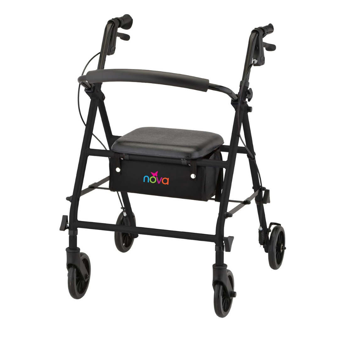 The Nova Breeze KD Lightweight Folding Rollator is a black walker with four wheels, a padded seat, handlebars with brakes, and a storage pouch labeled “nova” under the seat for comfortable and convenient mobility.