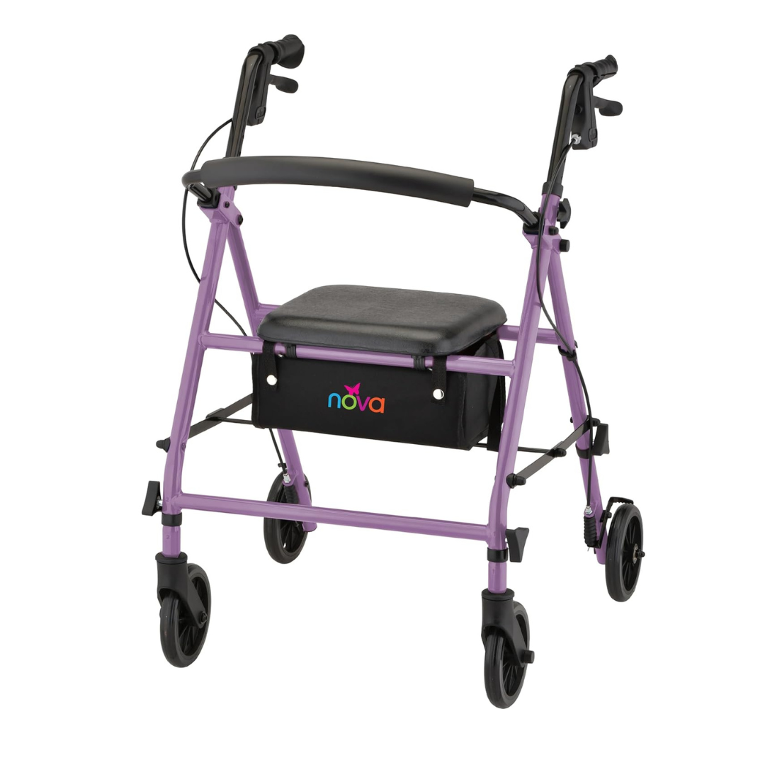 The Nova Breeze KD Lightweight Folding Rollator features a lightweight steel frame, four wheels, hand brakes, a black padded seat and backrest, plus a black storage pouch with the Nova logo—perfect for added mobility support.