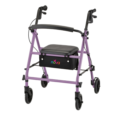 The Nova Breeze KD Lightweight Folding Rollator features a lightweight steel frame, four wheels, hand brakes, a black padded seat and backrest, plus a black storage pouch with the Nova logo—perfect for added mobility support.