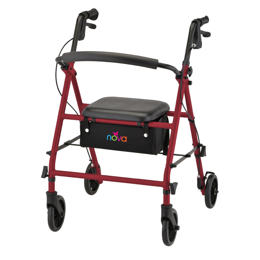 The Nova Breeze KD Lightweight Folding Rollator is a red walker with four wheels, hand brakes, a padded seat, and a black storage pouch labeled "nova" under the seat.