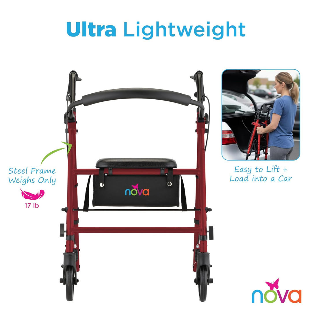 A Nova Breeze KD Lightweight Folding Rollator in red with a black seat and storage bag is shown. Its 17 lb steel frame makes it portable; a woman easily lifts it into a car trunk. "Ultra Lightweight" and the nova logo are visible.