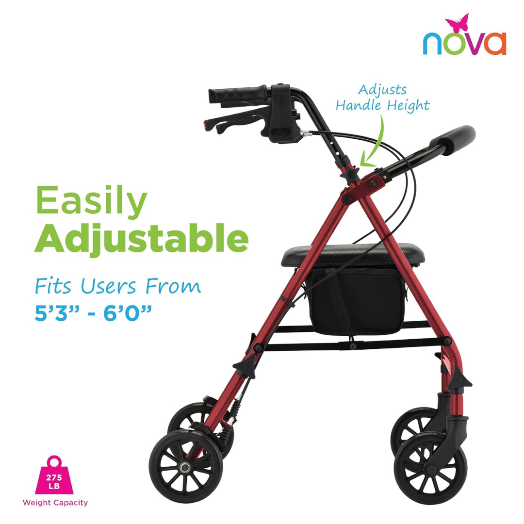 A red Nova Breeze KD Lightweight Folding Rollator with four wheels, black storage basket, adjustable handles for 5'3"-6'0" users, and 275 lb. weight capacity. The nova logo is in the top right corner.