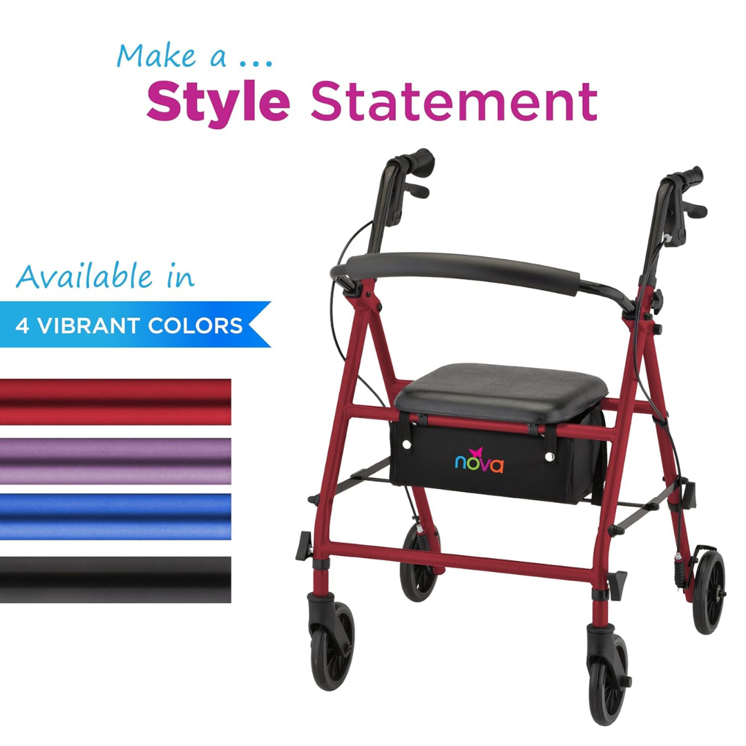 A Nova Breeze KD Lightweight Folding Rollator in red with a padded seat and storage bag is shown. A vibrant blue banner highlights four color options: red, blue, purple, and black. Text reads, Make a Style Statement.
