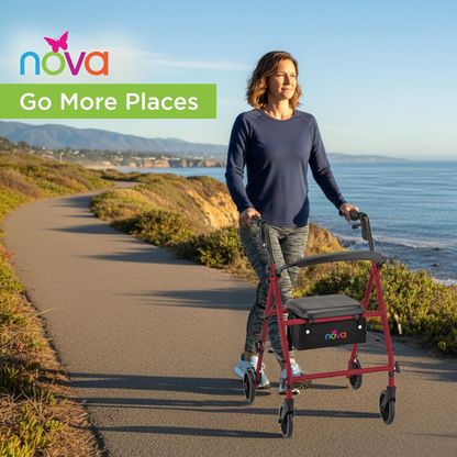 A woman walks with a red Nova Breeze KD Lightweight Folding Rollator on a scenic coastal path, hills and ocean in the background. Large colorful text reads: Go More Places.