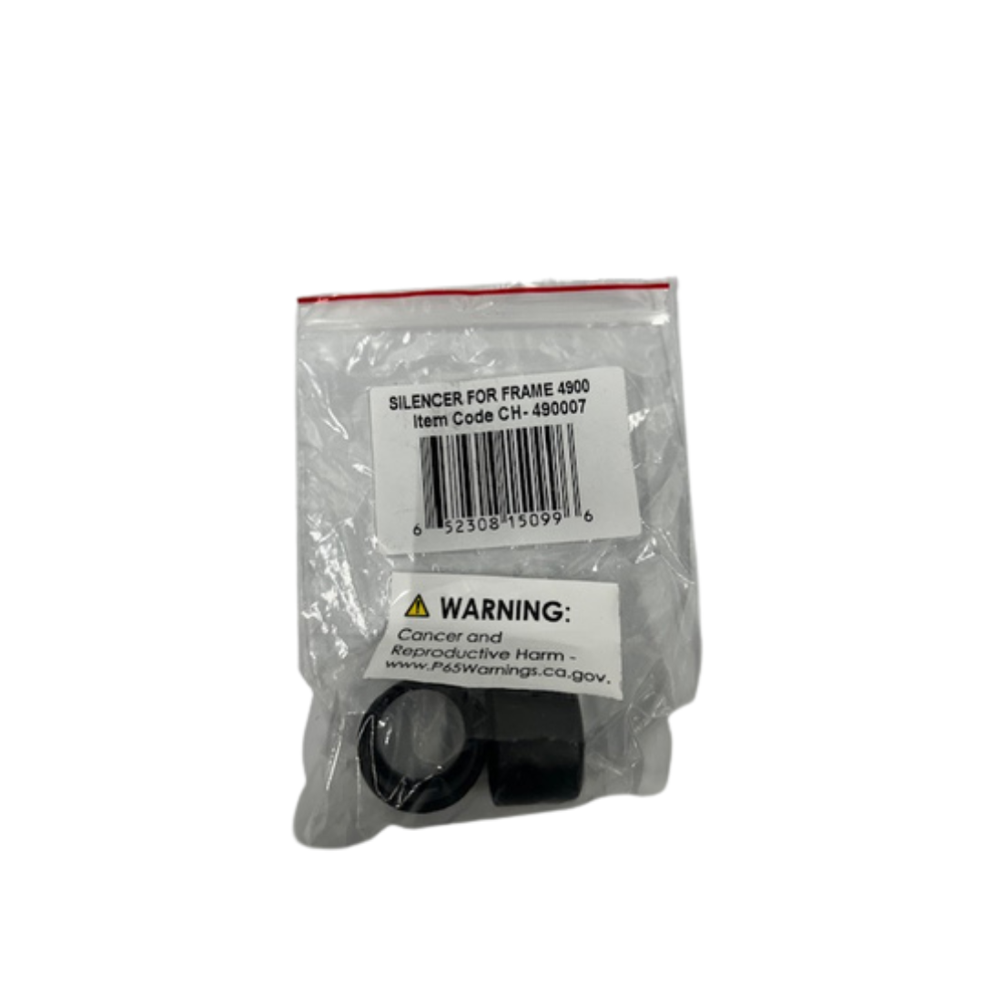 A small plastic bag contains a black silencer for the Nova 4900 Traveller Rollator frame, labeled SILENCER FOR FRAME 4900 with item code CH-490007 and includes a California Proposition 65 warning on the bag.