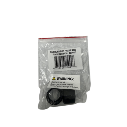 A small plastic bag contains a black silencer for the Nova 4900 Traveller Rollator frame, labeled SILENCER FOR FRAME 4900 with item code CH-490007 and includes a California Proposition 65 warning on the bag.