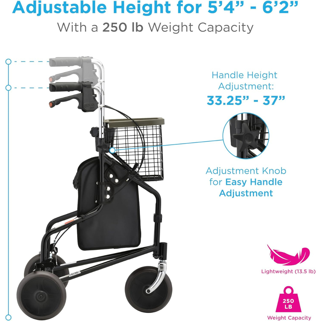 The Nova Medical 4900 Traveler 3 Wheel Rollator Walker has adjustable handle height (33.25–37 in), all-terrain 8” wheels, feather-touch brakes, wire basket, storage bag, supports up to 250 lbs, weighs just 13.5 lbs, and fits users 54–62" tall.