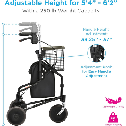 The Nova Medical 4900 Traveler 3 Wheel Rollator Walker has adjustable handle height (33.25–37 in), all-terrain 8” wheels, feather-touch brakes, wire basket, storage bag, supports up to 250 lbs, weighs just 13.5 lbs, and fits users 54–62" tall.