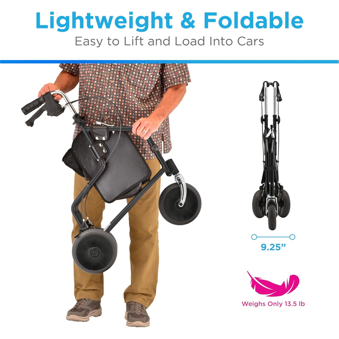 A person holds the Nova Medical 4900 Traveler 3 Wheel Rollator Walker with all-terrain 8” wheels, folded to just 9.25" wide. Text highlights “Lightweight & Foldable” and “Weighs Only 13.5 lb.” A feather icon emphasizes its lightness.
