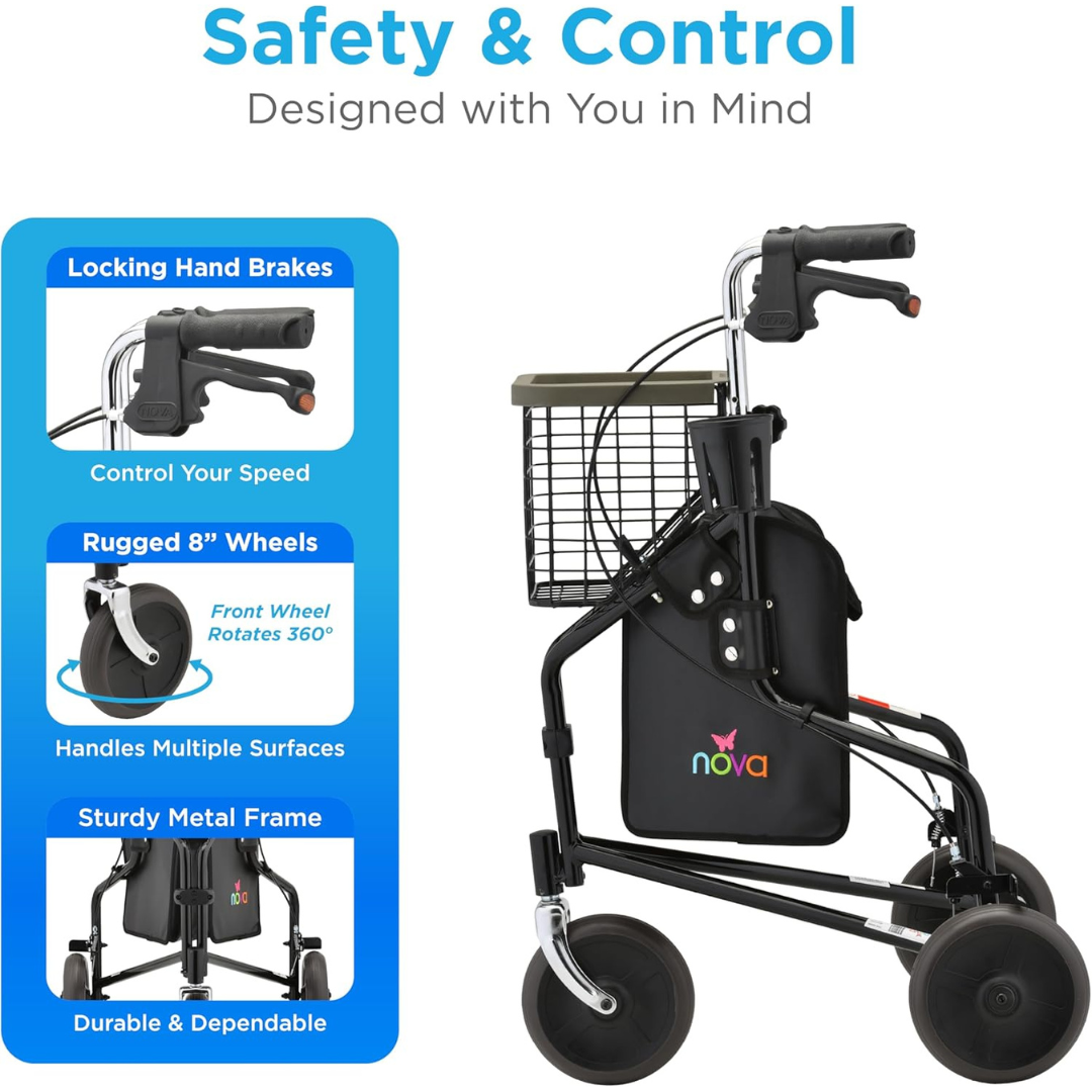 The Nova Medical 4900 Traveler 3 Wheel Rollator Walker features a sturdy black metal frame, ergonomic handles, feather-touch brakes, a storage basket, and all-terrain 8” wheels that rotate 360° for safety, control, and durability.