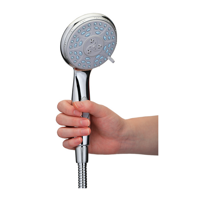 A hand holds the Nova Medical Deluxe Handheld Shower Head with chrome finish and multiple blue rubber nozzles, providing five customizable settings. It is set against a plain white background.