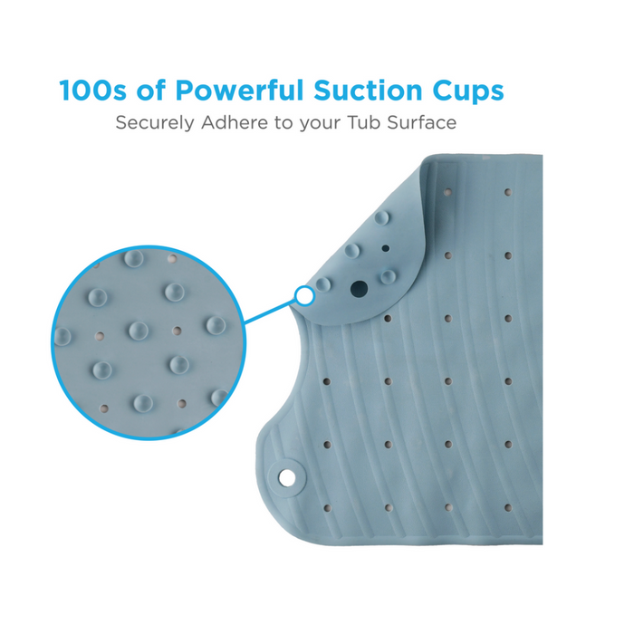 A close-up of the Nova Medical Extra Long Bath Mat reveals its hundreds of suction cups gripping securely. An inset highlights the non-slip surface. Above reads, 100s of Powerful Suction Cups and Securely Adheres to Your Tub Surface.