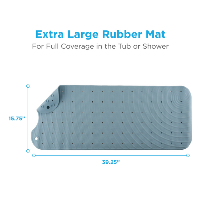 Image of a Nova Medical Extra Long Bath Mat in blue, size 15.75 x 39.25 inches, with small drainage holes and a non-slip surface for enhanced safety. Text above reads, Extra Large Rubber Bath Mat with Anti-Mildew Protection for Full Coverage in the Tub or Shower.