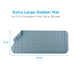 Image of a Nova Medical Extra Long Bath Mat in blue, size 15.75 x 39.25 inches, with small drainage holes and a non-slip surface for enhanced safety. Text above reads, Extra Large Rubber Bath Mat with Anti-Mildew Protection for Full Coverage in the Tub or Shower.