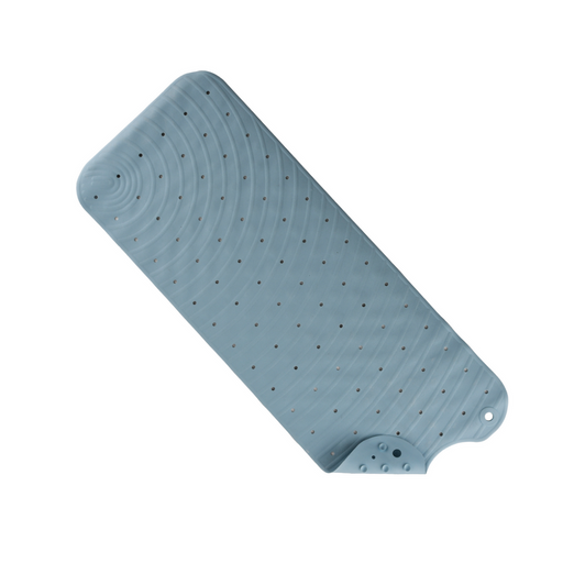 The Nova Medical Extra Long Bath Mat offers anti-mildew protection and features a blue rectangular design with small drainage holes, circular patterns, built-in suction cups for easy attachment, and a non-slip surface. Displayed on a white background.