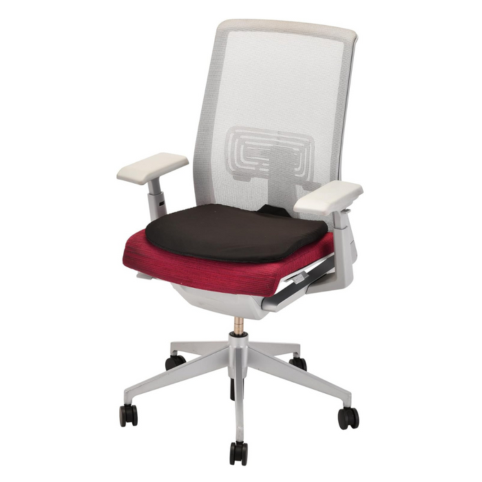 The Nova Medical Happy Collection chair features a white mesh backrest, red cushioned seat with black cover, adjustable white armrests for lumbar support, pressure relief technology, and a sturdy five-wheel base.