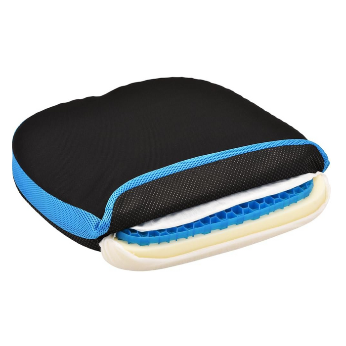 A black and blue Nova Medical Happy Collection cushion cross-section reveals foam and a blue honeycomb structure, designed as a back support gel cushion for comfort and pressure relief.
