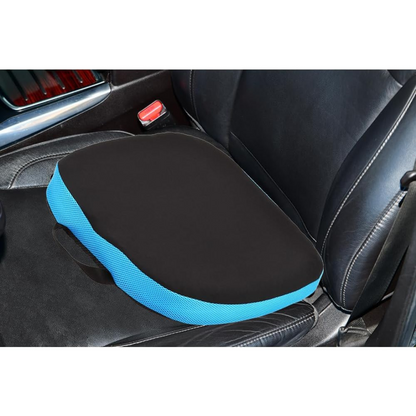 A Nova Medical Happy Collection Back and Lumbar Support Gel Cushion, black and blue with a textured edge, enhances comfort on a black leather car seat. A red seatbelt buckle adds contrast, ideal for those seeking pressure relief on the road.