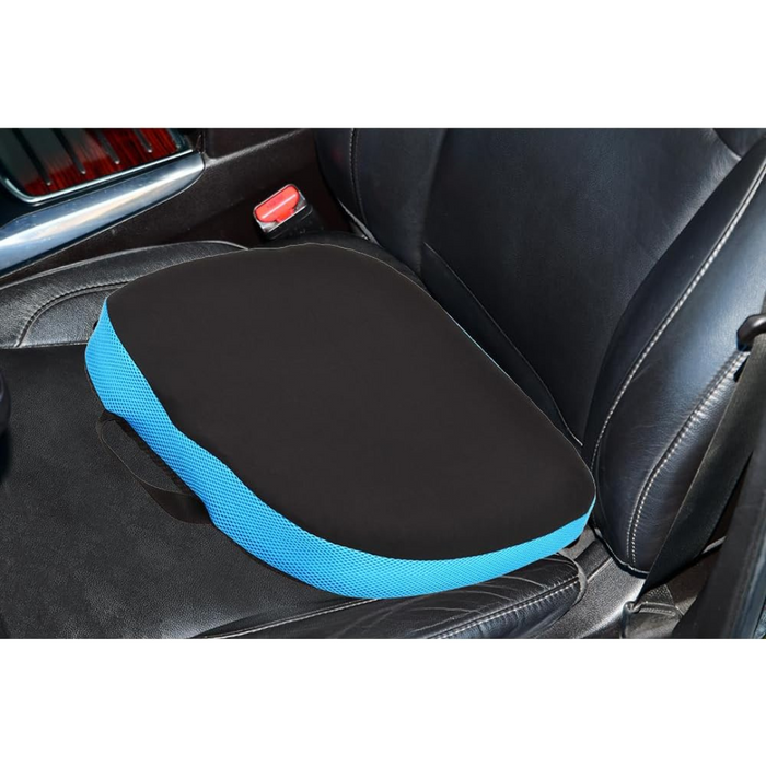 A Nova Medical Happy Collection Back and Lumbar Support Gel Cushion, black and blue with a textured edge, enhances comfort on a black leather car seat. A red seatbelt buckle adds contrast, ideal for those seeking pressure relief on the road.