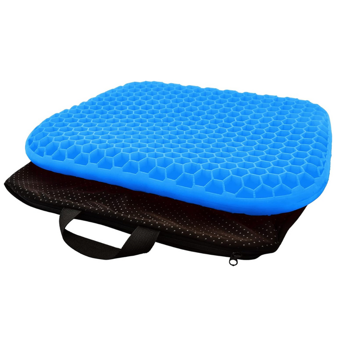 The Nova Medical Happy Collection Back and Lumbar Support Gel Cushion, featuring a blue honeycomb design for pressure relief and ergonomic support, rests on a black carrying case with a handle, offering ultimate comfort.