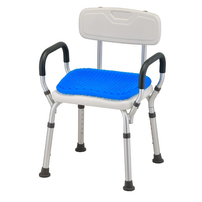 The Nova Medical Happy Collection features a white shower chair with a contoured back and armrests, complete with blue textured gel cushions for extra pressure relief. It has non-slip rubber feet and height-adjustable aluminum legs for comfort.