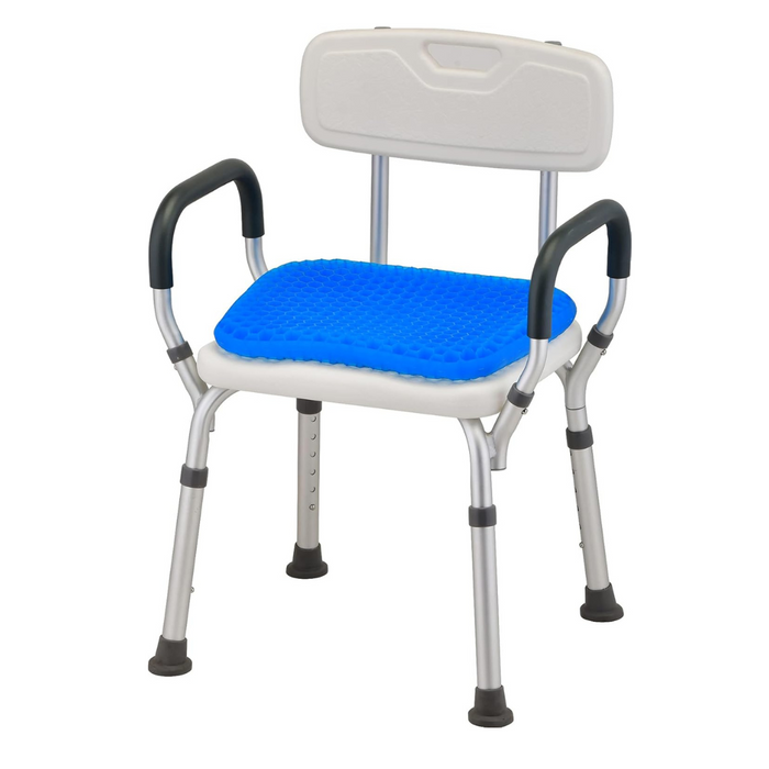 The Nova Medical Happy Collection features a white shower chair with a contoured back and armrests, complete with blue textured gel cushions for extra pressure relief. It has non-slip rubber feet and height-adjustable aluminum legs for comfort.