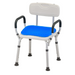 The Nova Medical Happy Collection features a white shower chair with a contoured back and armrests, complete with blue textured gel cushions for extra pressure relief. It has non-slip rubber feet and height-adjustable aluminum legs for comfort.