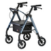 The Nova Medical Star HD Bariatric Rollator Walker features a blue frame with four black wheels, two black hand grips, and a spacious black seat with storage. Its height-adjustable, supports up to 450 lbs, and has a lightweight, foldable design for mobility assistance.