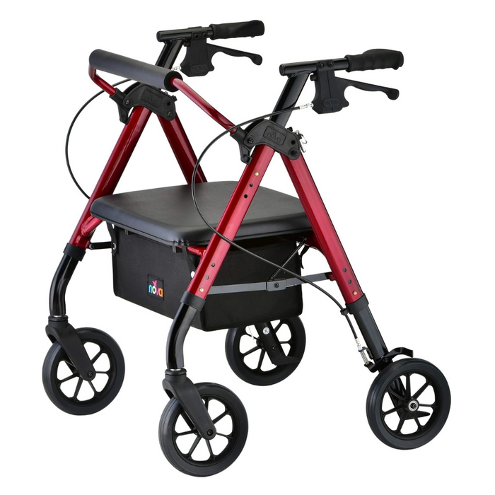 Nova Medical Star HD Bariatric Rollator Walker, red and black, supports 450 lbs. It features four wheels, hand brakes, a cushioned seat, height adjustment, and a storage compartment under the extra-wide padded seat.