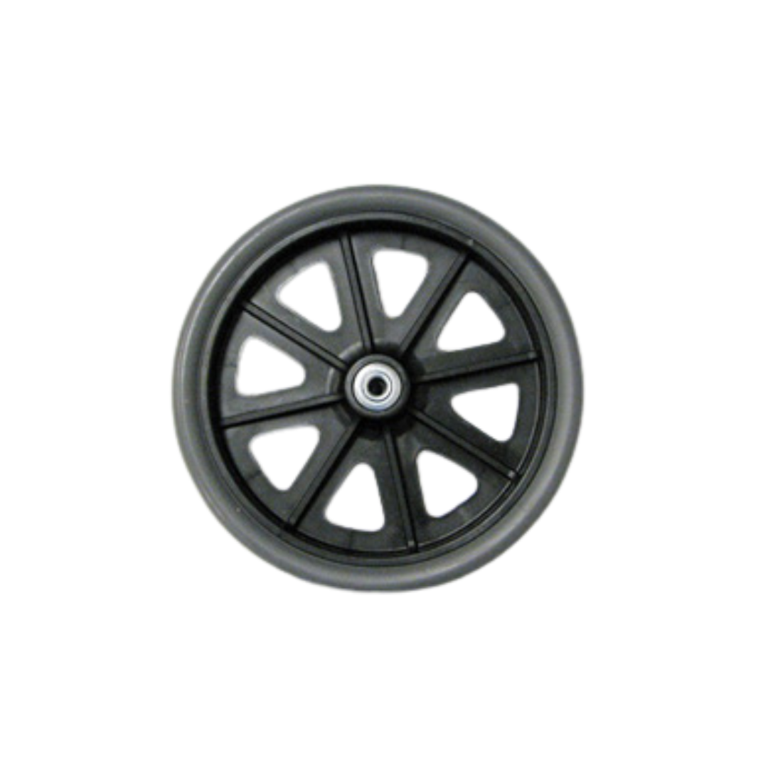 A black plastic wheel with eight spokes and a gray rubber tire, seen from above on white—perfect as a Nova Replacement Part for ZOOM & GetGo Rollators.