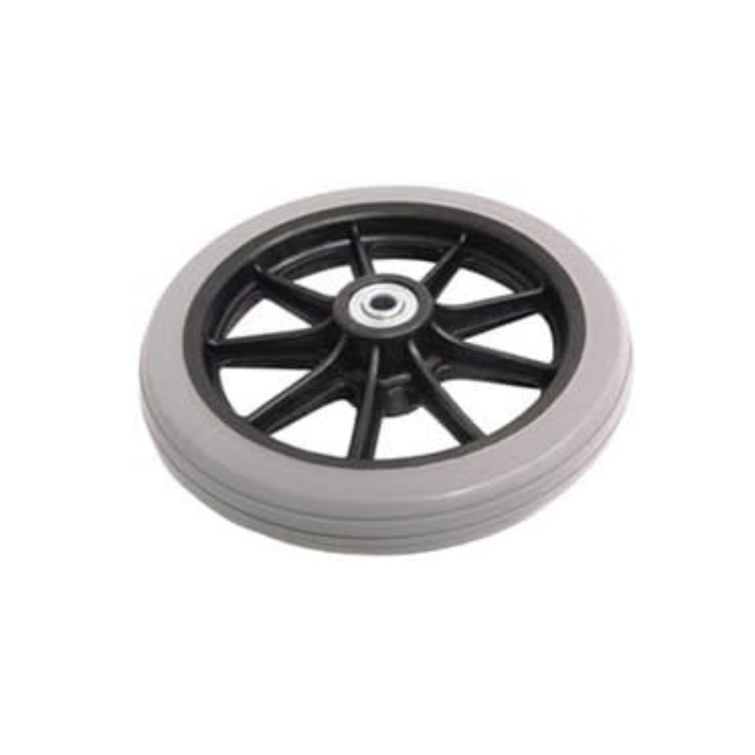 A gray and black plastic wheel with spokes and a central hub is shown against a white background—ideal as a Nova Replacement Part for ZOOM & GetGo Rollators.