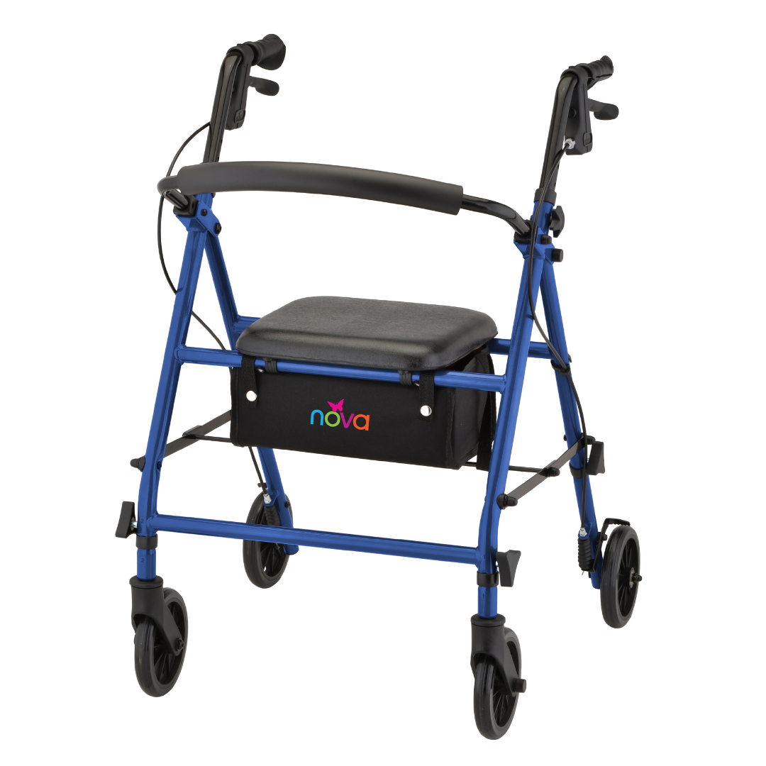 A blue Nova Breeze KD Lightweight Folding Rollator with four wheels, black hand grips, a padded seat, a nova-logo black storage pouch, and hand brakes, designed for reliable mobility assistance.