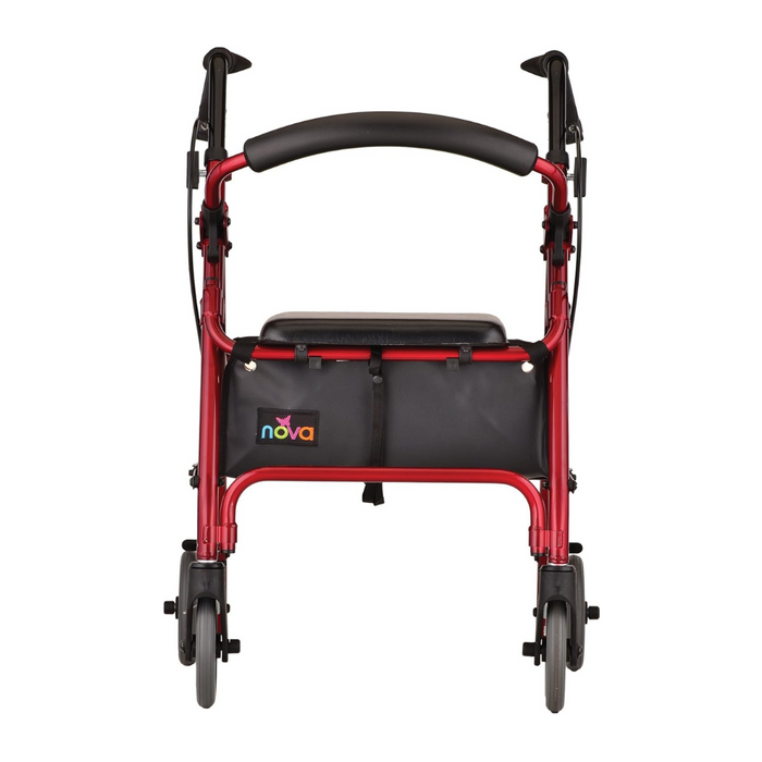 Front view of a red Nova Medical GetGo Walker featuring black handles, a seat, four wheels, and a storage pouch on the back with a colorful Nova logo.