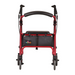 Front view of a red Nova Medical GetGo Walker featuring black handles, a seat, four wheels, and a storage pouch on the back with a colorful Nova logo.