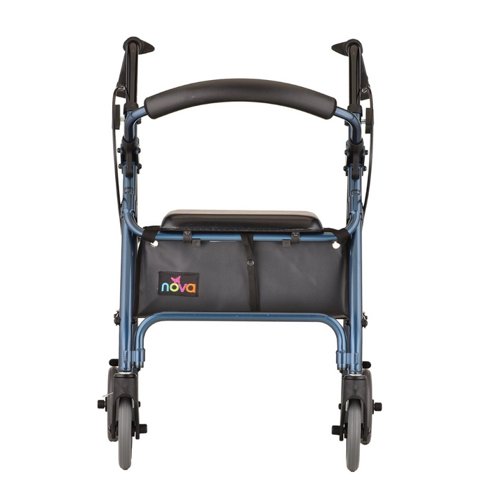 Front view of a blue Nova Medical GetGo Walker rollator with four wheels, padded seat, black storage bag with Nova logo, and ergonomic brake handles. Its lightweight metallic frame embodies a standard design ideal for both standard and petite users.